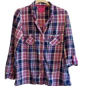 Victoria's Secret Pink Blue Plaid Roll Tab Sleeve Lounge Sleep Shirt‎ Cotton...